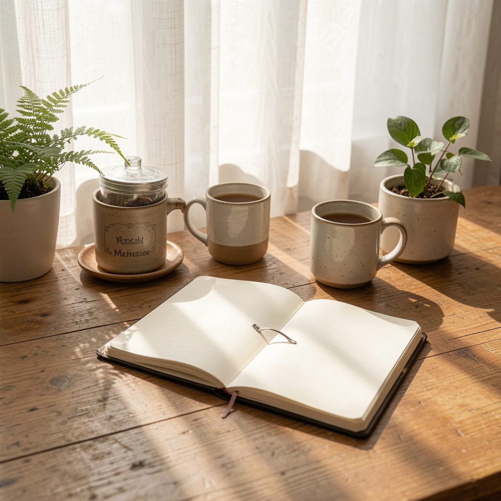 Morning routine setup with journal and natural light